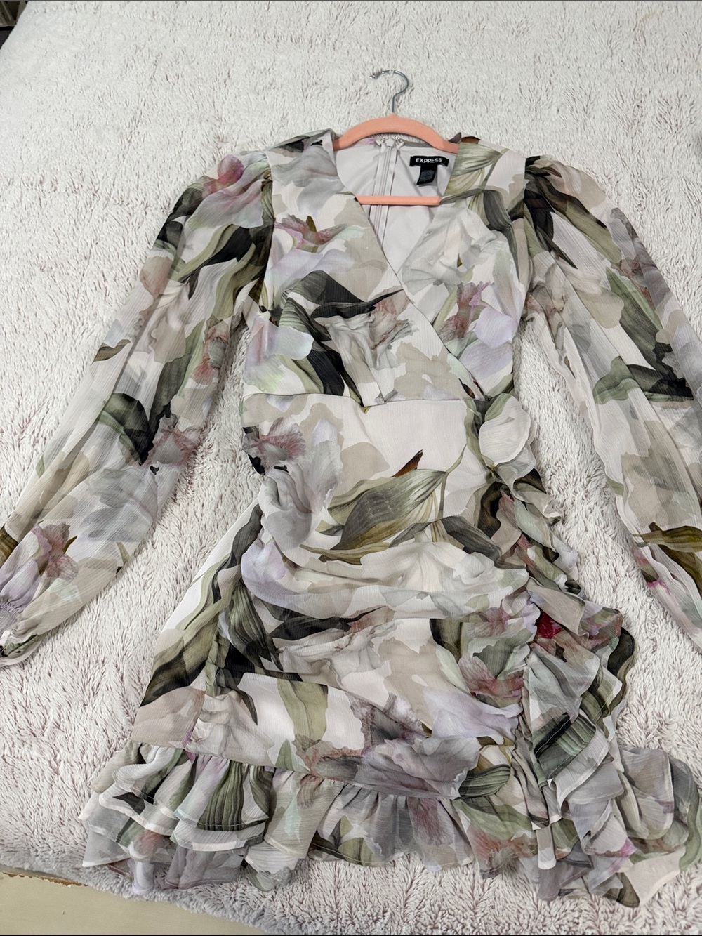 Express Floral Wrap Mini Dress - White, Green, Blush